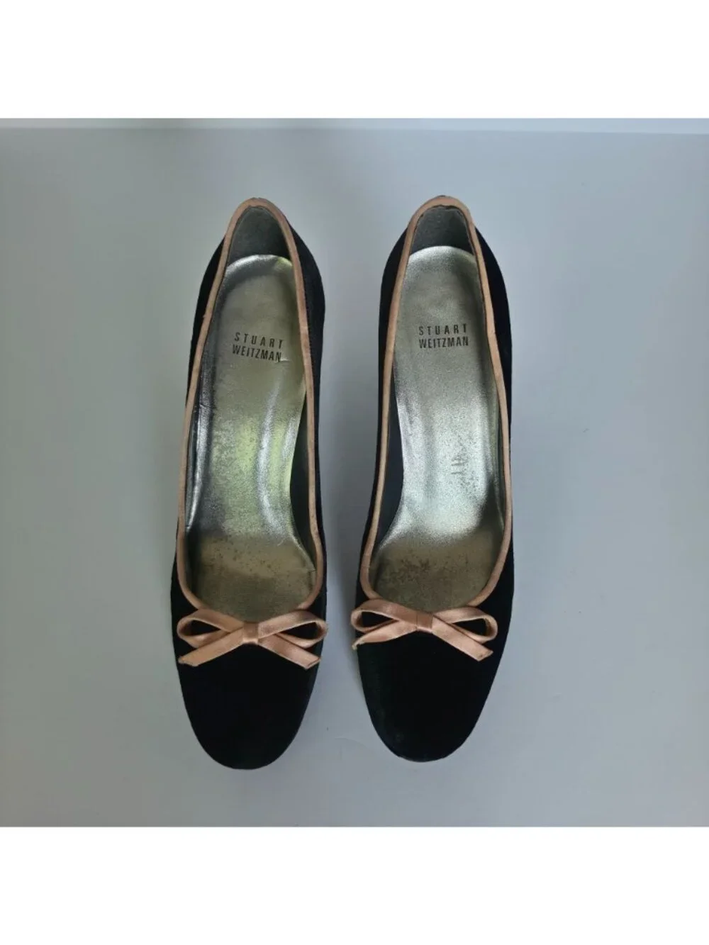 Stuart Weitzman 9.5M Black Velvet Bow Coquette Pumps Pink Satin Trim Heels Y2K
